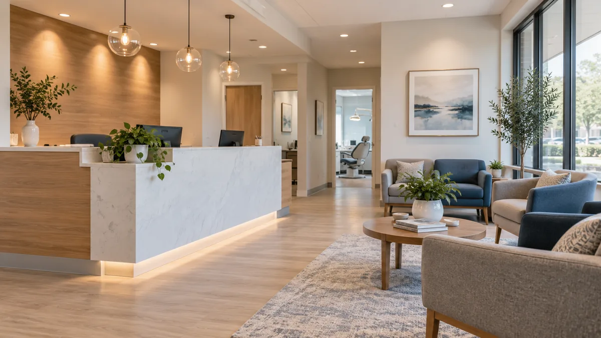 Bright modern dental clinic reception and patient waiting area
