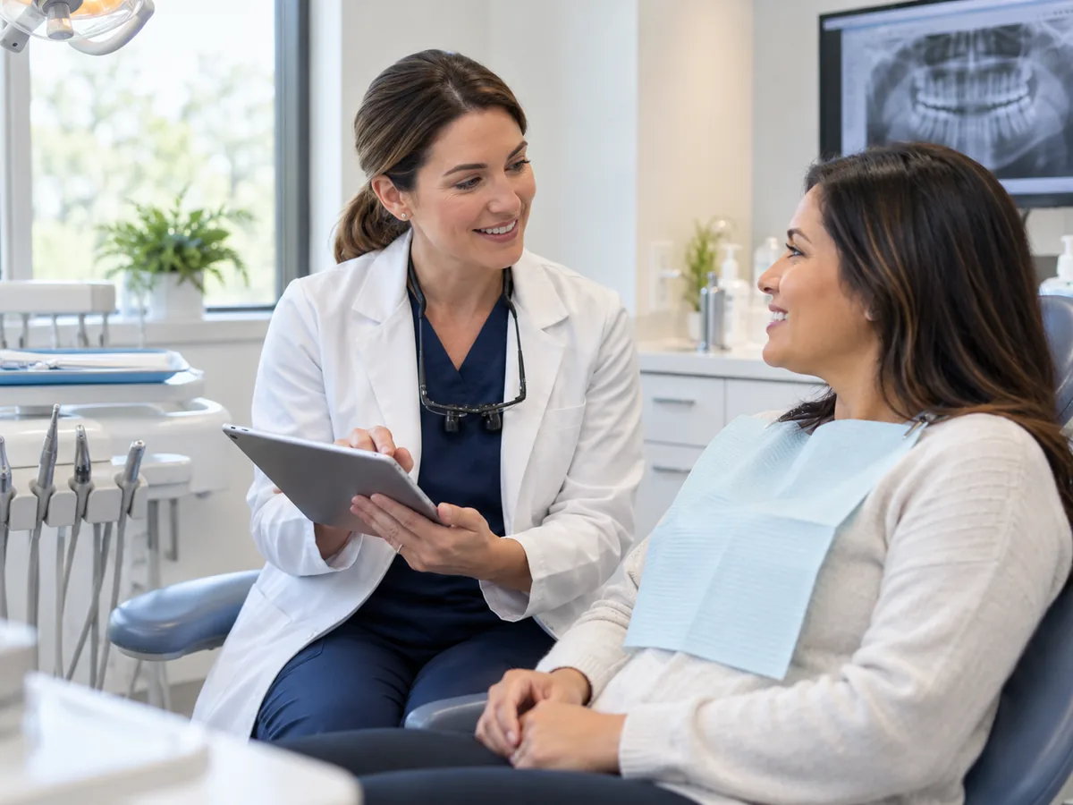 Friendly dentist consulting with a patient in a modern dental treatment room